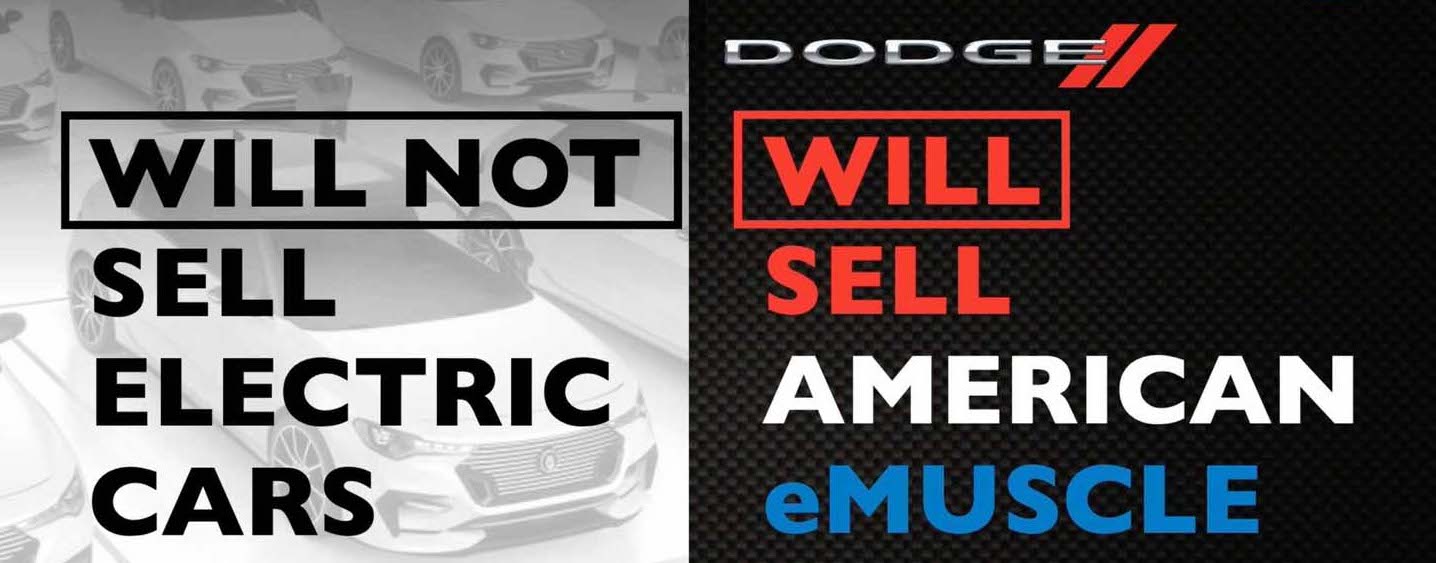 Text from Dodge's electric muscle car teaser saying they won't sell electric cars, but American eMuscle instead.