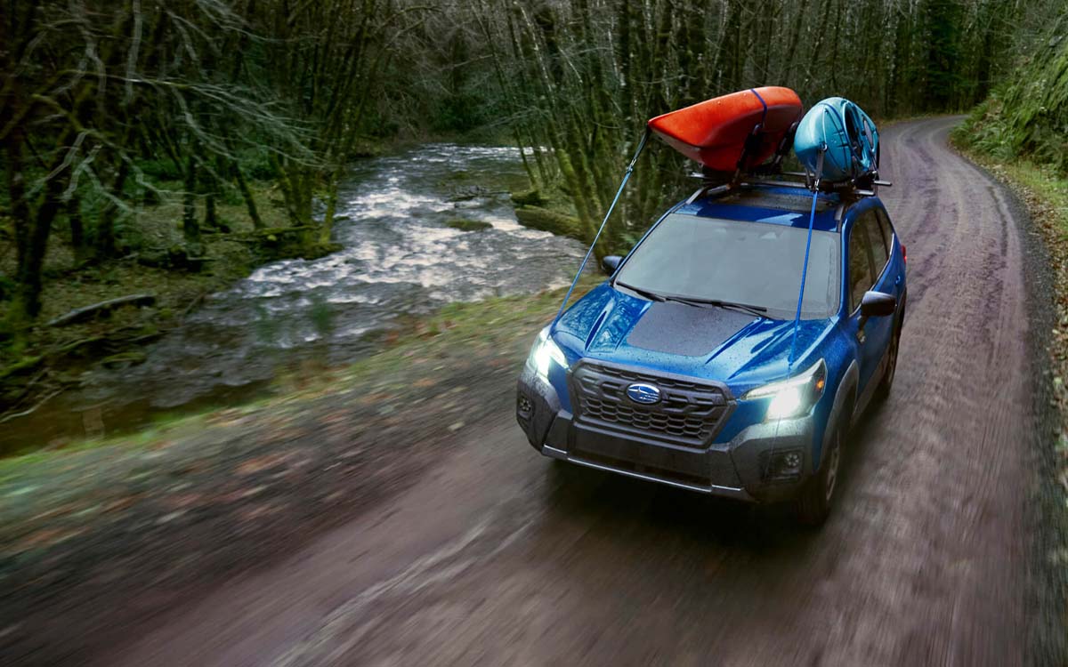 Above view of 2022 Subaru Forester Wilderness with Kayaks on the Roof
