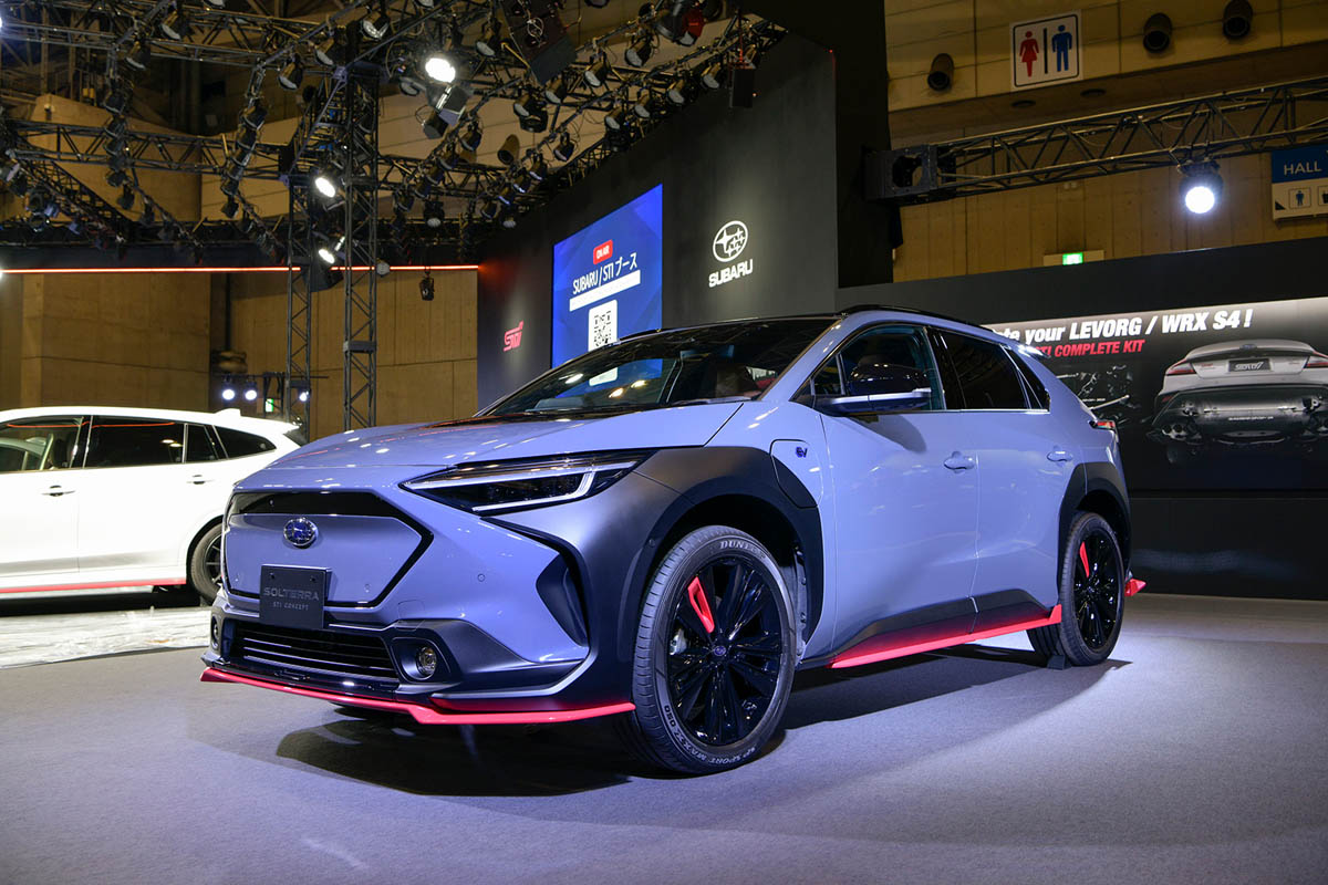 2023 Subaru Solterra STI Concept Car Front Three Quarter View at 2022 Tokyo Auto Salon