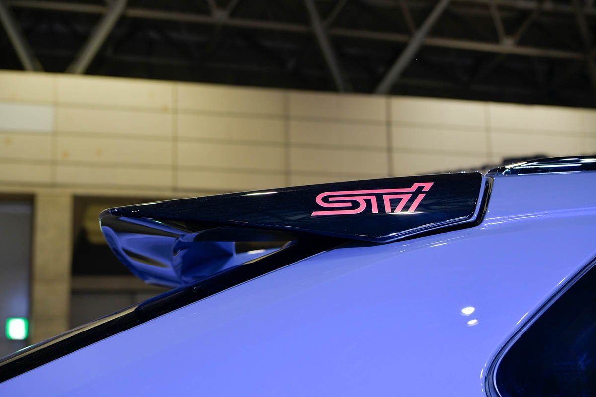 2023 Subaru Solterra STI Concept Car Close Up View of STI Rear Spoiler at 2022 Tokyo Auto Salon